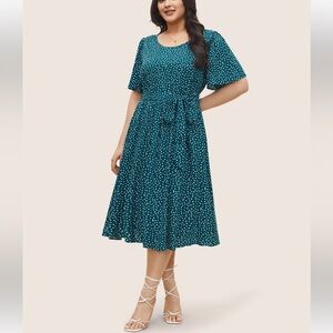 Bloomchic Polka Dot Belted Flutter Sleeve Crew Neck Dress